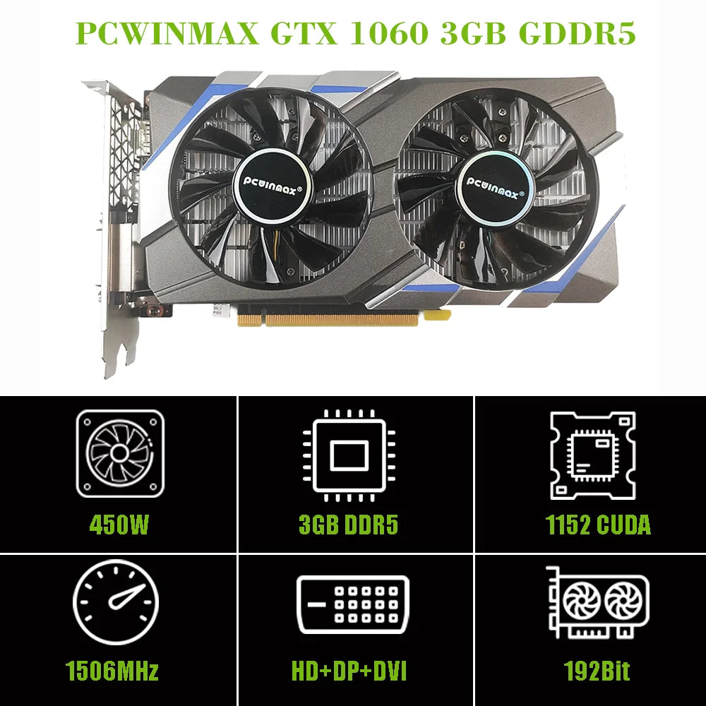PCWINMAX Discrete Graphics Card — GTX 1060-Series Chip, 3GB GDDR5, 192-bit — Gaming GPU for Desktop PC