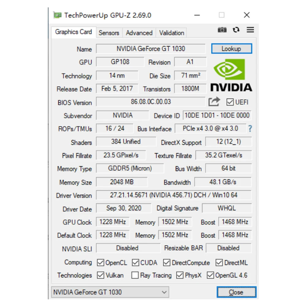 NVIDIA GeForce GT 1030 2GB Graphics Card GDDR5 64-bit PCIe x4 3.0 DesktopVideo card Low Power HDMI DVI PC Game Computer componen