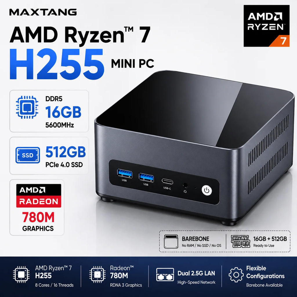 Maxtang H255 Mini Gaming PC — 8-Core/16-Thread Processor (Up to 4.9GHz), Integrated 780M-Class Graphics, USB4, Dual 2.5G LAN, Triple 4K Display Support