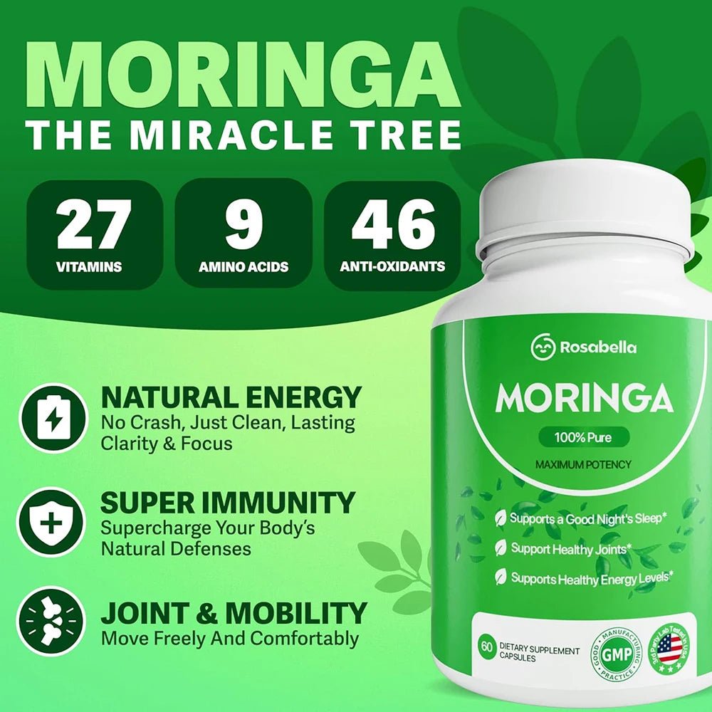 Moringa Capsules - Pure Moringa Powder, Energy, Skin, Immune & Gut Health, Rich in Antioxidant, Essential Vitamins & Amino Acids - Shubert Online Store