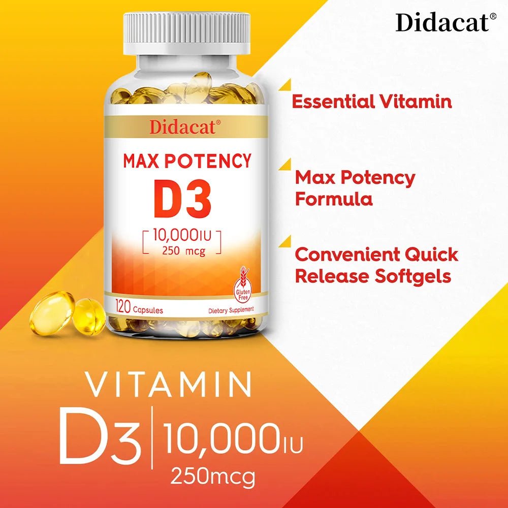 Vitamin D3 10,000 IU (250 mcg), Supports Immune Health, Calcium Absorption Muscle Function & Bone Strength, Dietary Supplement - Shubert Online Store