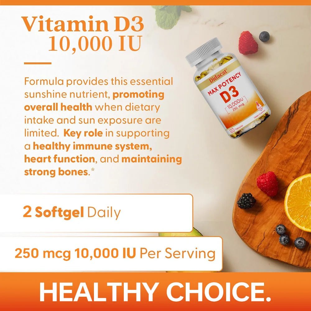 Vitamin D3 10,000 IU (250 mcg), Supports Immune Health, Calcium Absorption Muscle Function & Bone Strength, Dietary Supplement - Shubert Online Store