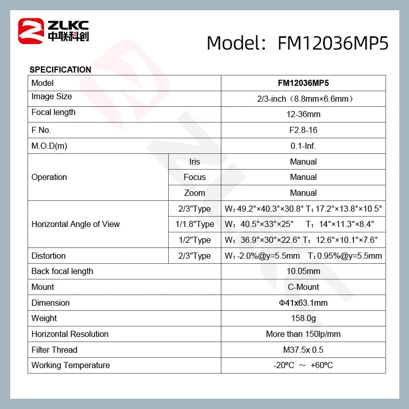 ZLKC CCTV Lens 12-36mm Varifocal 2/3 Inch Focal 5Megapixel F2.8 Aperture C-Mount Low Distortion Machine Vision Indusrial Camera - Shubert Online Store